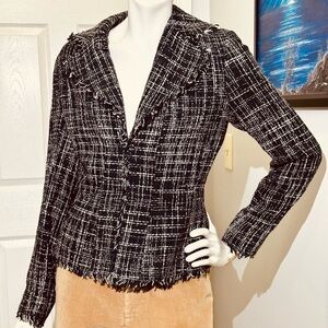 Vintage Doncaster 100% Silk Tweed Women’s Navy blazer Small (2) LIKE NEW! Fringe